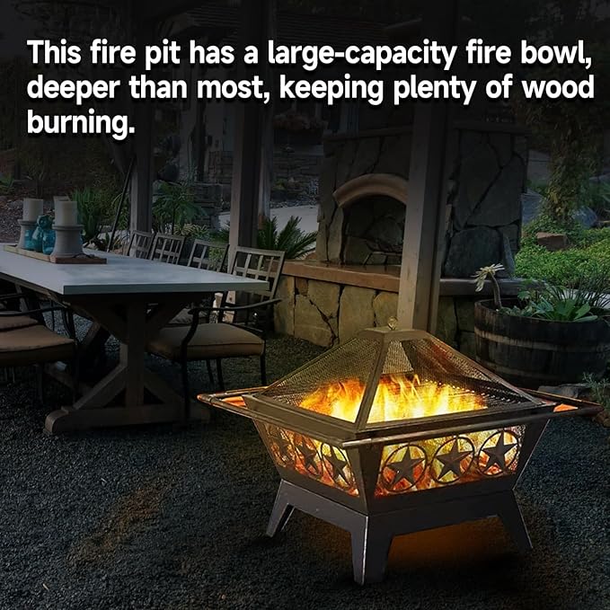 33-Inch Square Fire Pit Large Metal Fireplace/Firepit with Mesh Lid Poker Waterproof Cover