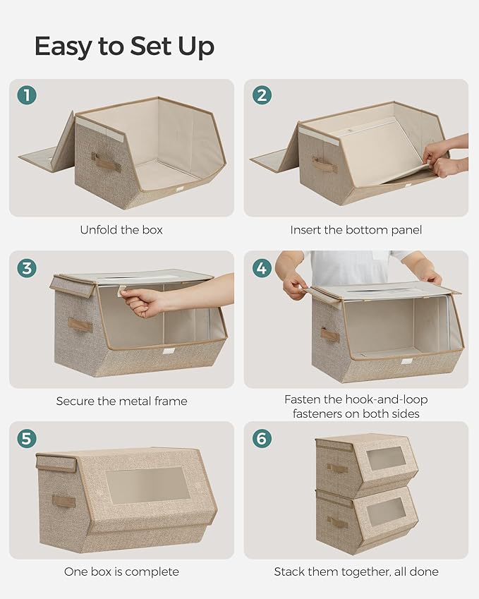 SONGMICS Stackable Storage Bins Set of 2 Storage Boxes with Lids and Front Windows Non-Woven Fabric Closet Organizers with Magnetic Closures Side Handles Sand Beige URLB002Y01