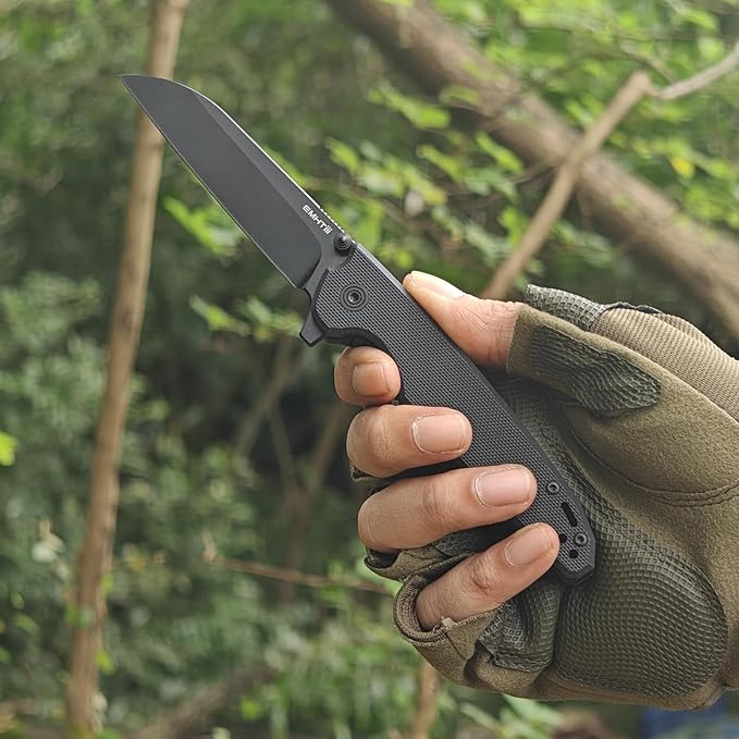 D2 Steel Folding Pocket Knife with Reversible Clip: 3.14 Black Sheepsfoot Blade Liner Lock G10 Handle Small EDC Flipper Knives Camping Tool for Man &amp Women