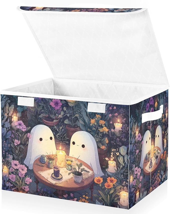Collapsible Storage Bins with Lids Decorative Fabric Storage Cubes Closet Organizer and Storage Basket Boxes Containers for Clothes Box Chest Folding Rectangle Cute Ghost Flower Plant