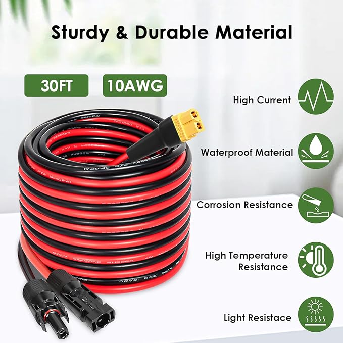 MOOKEERF Solar to XT60 Extension Cable 10AWG 30FT Solar Connector to XT60 Adapter Cable for Solar Panel to Portable Power Station Solar Generator Battery Pack