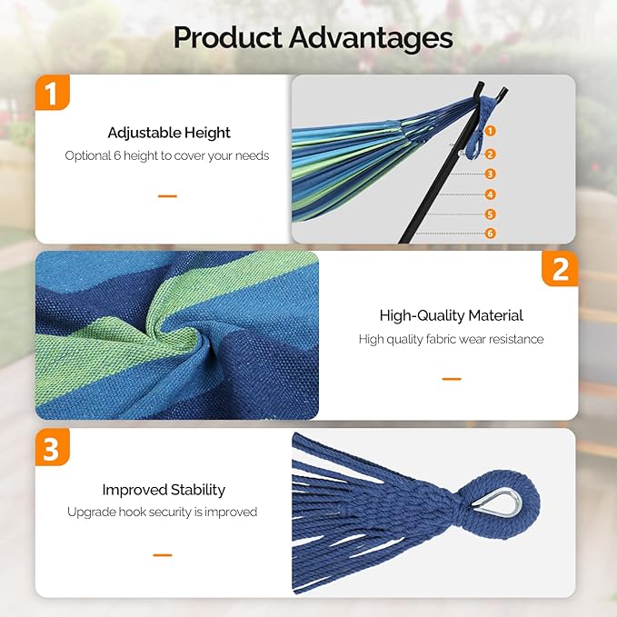 ONCLOUD Heavy Duty 550 LBS Double Hammock with Stand Included with Portable Carrying Bag Upgraded 2 Person Hammock with Frame for Outdoors &amp Indoors Series TDCTZ2 - Blue Green Stripe