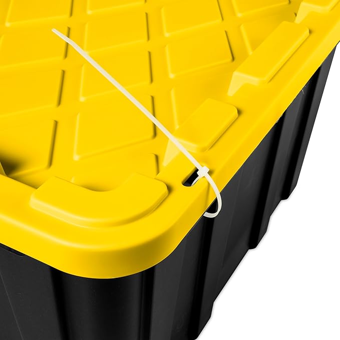 Sterilite 38 Gal Industrial Tote Stackable Storage Bin with Snap-Fit Lid for Garage Basement &amp Attic Storage Black Base and Yellow Lily Lid 4-Pack