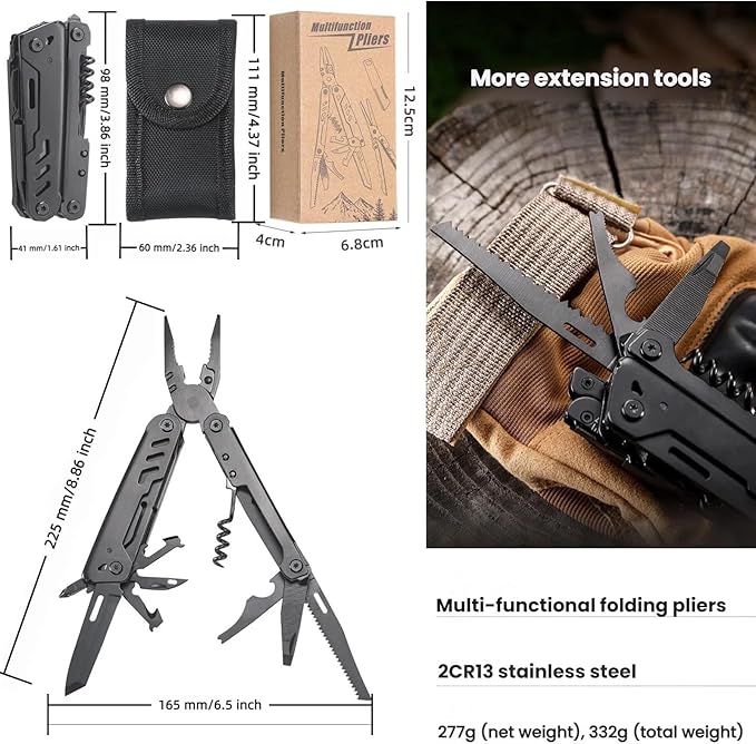 Multi Tool 16-in-1 Full-Size Lightweight EDC Camping Essentials Multi-Purpose Pliers Tools Knives Nylon Bag Tactical Gear Mens Gifts Ideas Gifts for Hunters Men who have Everything Silver