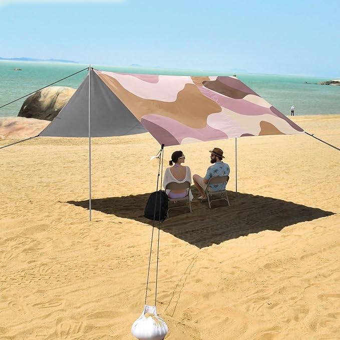 Coffee Brown Foldable Beach Tent UPF50+ Protection Easy Setup Portable Sun Shelter with Sandbags &amp Sand Shovel for Camping Trips Fishing Backyard Fun or Picnics