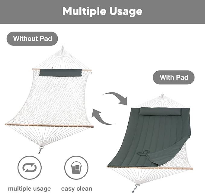 SUNCREAT Portable Double Rope Hammock with Pad Two Person Tree Hammock for Garden Backyard Patio Poolside Gray Green