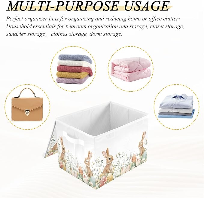 Christmas Storage Baskets with Lids Watercolor Cute Bunnies Easter Collapsible Bins Stackable Fabric Linen Baskets Closet Organizer Container 16.5x12.6x11.8