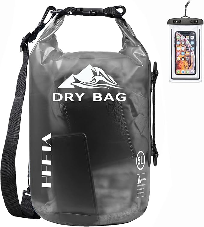 HEETA Waterproof Dry Bag for Women Men (Transparent Black 5L) Bundled with 2-Pack Waterproof Pouch with Waist Strap (Pink &amp Grey)