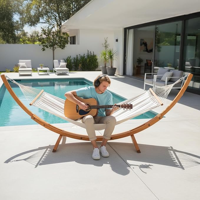 ONCLOUD Hammock Wood Arc Stand with Double Hammock Hammock with Stand for Outside Natural Wooden Stand 330LBS (10.5 ft)