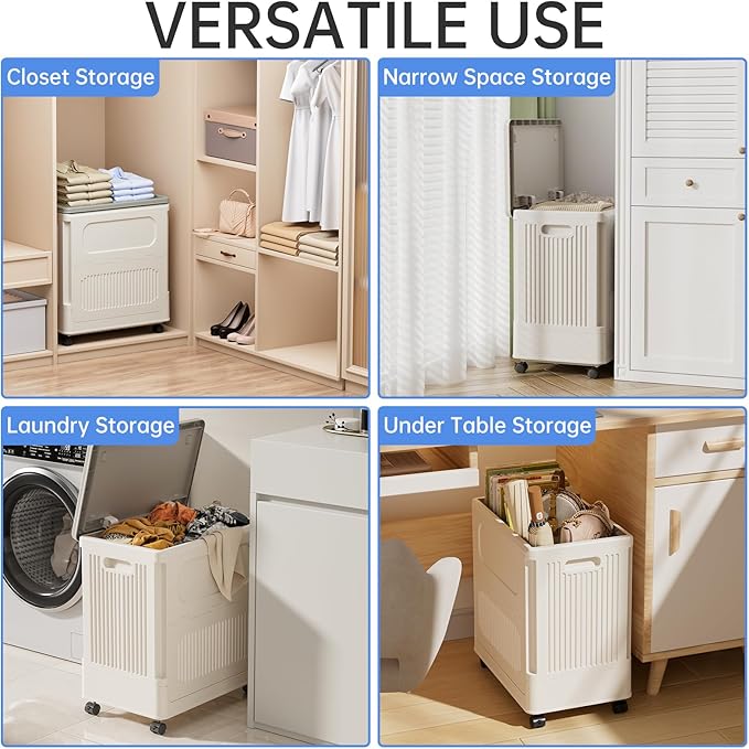 HAIXIN Flip-top Storage Bin with Lid - 60 QT Plastic Storage Box with Wheels 14.8 Gal Stackable Closet Organizer for Clothes Blanket Movable Storage Organization for Laundry Cream White