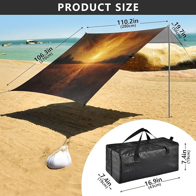 Dusk Landscape Beach Tent Sun Shelter Set UPF50+ UV Protection 10.5 x 9.19 FT Camping Shade Canopy with Sandbags Sand Anchors Carrying Bag and Others