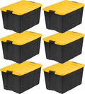 IRIS USA 72 Qt Stackable Plastic Storage Bins with Lids 6 Pack - BPA-Free Made in USA - Garage Organizing Solution Latches Durable Nestable Containers Secure Pull Handle - Black/Yellow