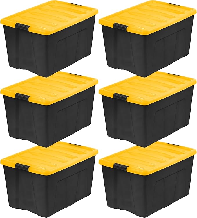IRIS USA 72 Qt Stackable Plastic Storage Bins with Lids 6 Pack - BPA-Free Made in USA - Garage Organizing Solution Latches Durable Nestable Containers Secure Pull Handle - Black/Yellow