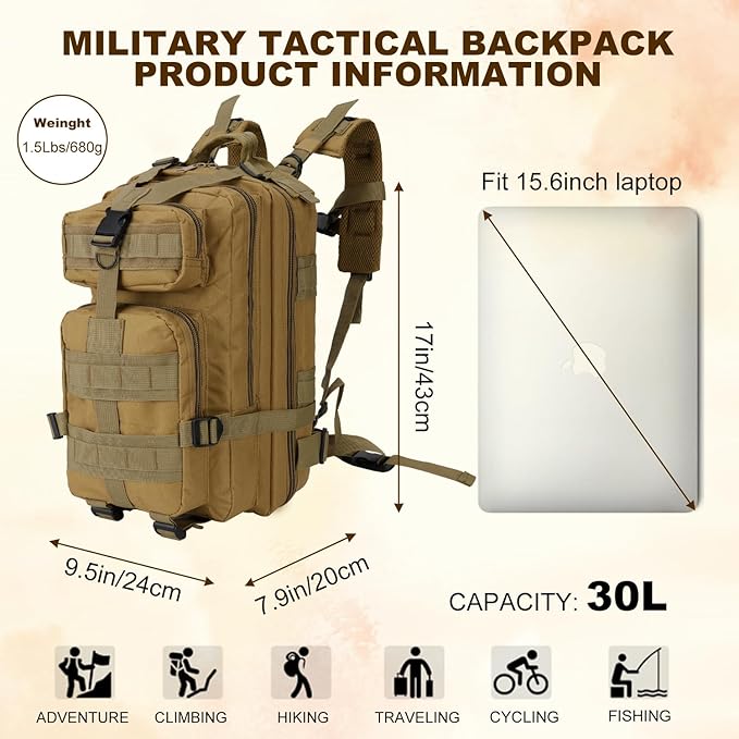 Tactical Backpack for Men Small Military Molle Backpack 30L Assault Pack Rucking Backpack for Hiking Camping Travel Fishing Outdoors (Khaki)
