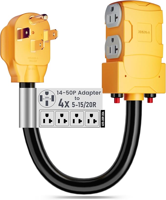 MECMO 50 Amp to 20 Amp 110V RV Distribution Adapter NEMA 14-50P to 4 X 5-20R/15R RV 4-Prong to Multiple Household Outlet w/ 20amp Circuit Breaker ETL Listed RV Generator Distribution Cord - 1.5ft