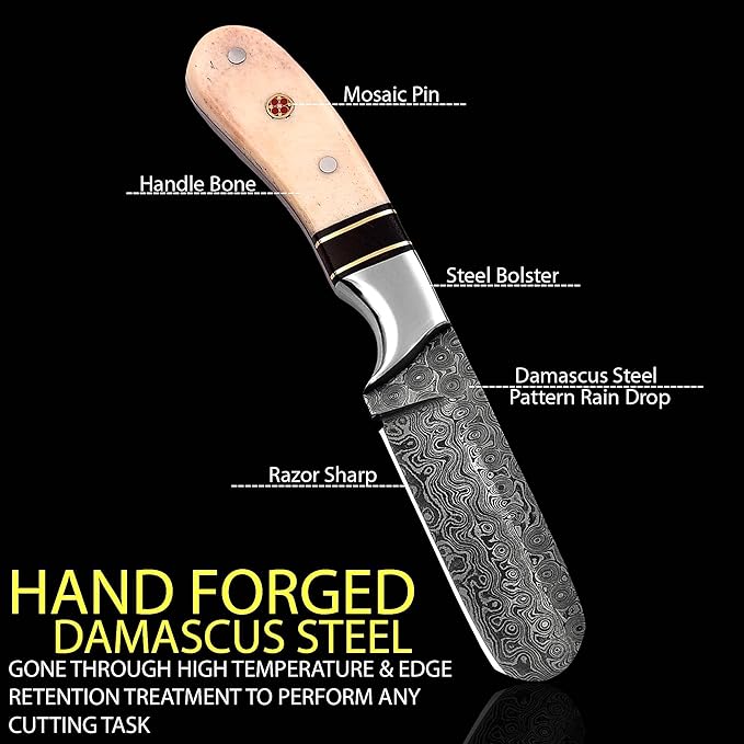 Handmade Damascus Steel Bull Cutter with Pancake Leather Sheath Fixed Blade Cowboy Knife with Bone/Walnut Handle Utility EDC Hunting Knife (Camel Bone)