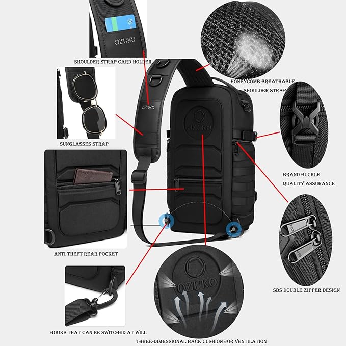 OZUKO Small Tactical Sling Bag for MenVersatile Sling Backpack with Tactical Features and Durable Construction (black)