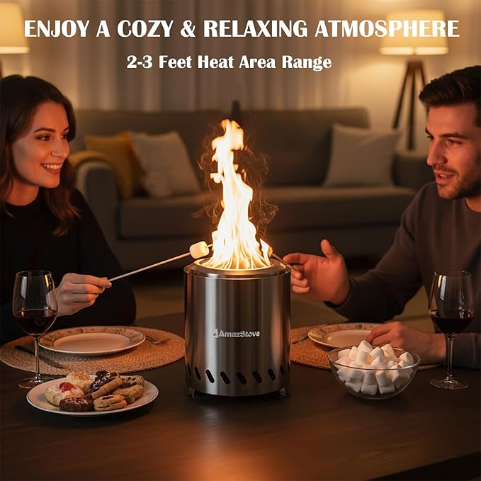 9.7 x 7.1 Inch Tabletop Fire Pit by AmazStove Low Smoke Camping Stove for Outdoor Safe Burning Firepits Fueled Pellets or Wood Travel Bag Included (Silver 9.7 x 7.1 INCH)
