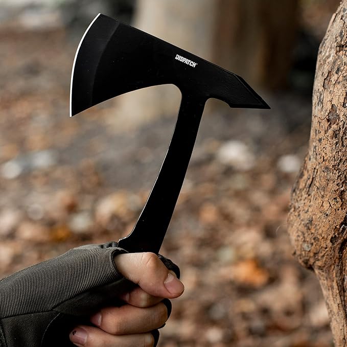 DISPATCH 10 Throwing Axe Full Tang 3Cr13 Stainless Steel Tactical Tomahawk 4mm Thick Sandblasted Blade Includes Nylon Sheath — Perfect for Axe Throwing Camping Hunting (Black)