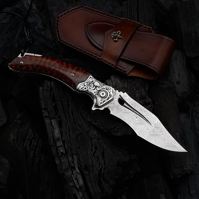 Japanese VG 10 Damascus Steel Folding Knife Outdoor Wilderness Survival Pocket Knife Snake Wood Handle Lined Lock Leather Sheath EDC Pocket Knife