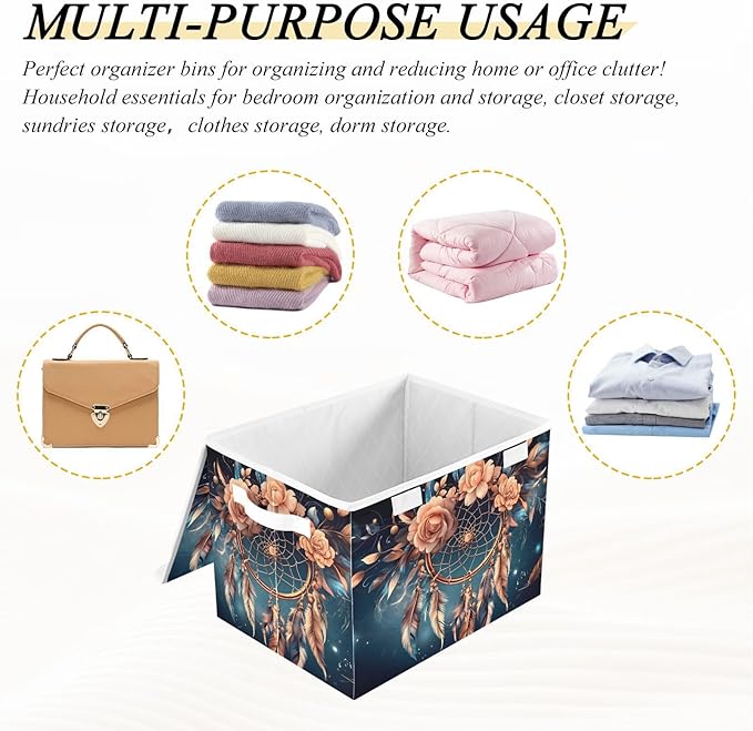 Dreamcatcher Feather Space Collapsible Storage Bins with Lids &amp Handles Foldable Storage Boxes Basket with Flip-Top Lid for Home Office 16.5” x 12.6” x 11.8”