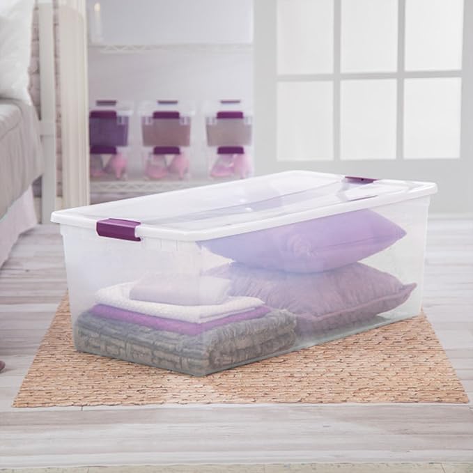Sterilite 12-Pack 110 Quart ClearView Latch Box Stackable Organizer Bins with Latching Lids - Clear Plastic Organization Containers for Closet Bedroom Shelving Units and Everyday Home Storage