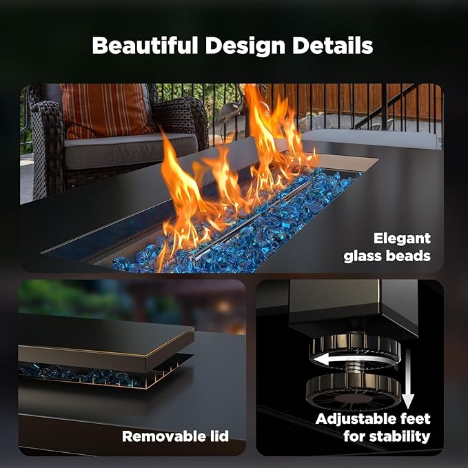 Ciays 43″ Propane Fire Pit with Glass Beads &amp Lid 60000 BTU CSA-Certified Gas Fire Pits with Cup Holders Hanging Shelf &amp Nylon Cover Large Fire Pit Table for Patio/Porch/Deck Black