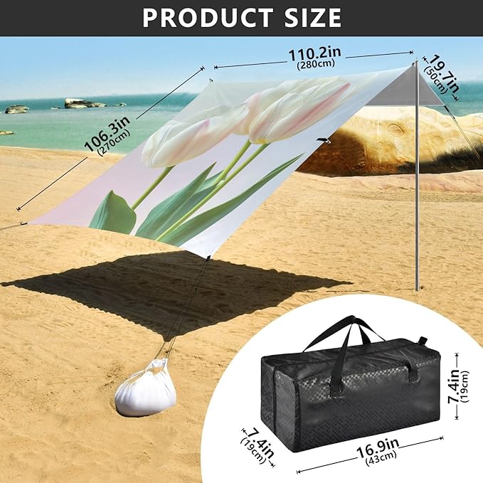 ALAZA Beautiful Blooming White Tulip Leaf Beach Tent Sun Shelter Portable Canopy Sunshade for Outdoor Camping Picnics Backyard Fun 10x9 ft