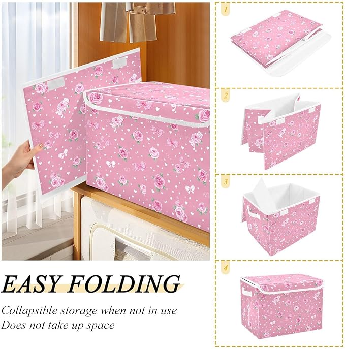 Pink Valentine Heart Roses Bows Storage Box with Lid 1 PC Foldable Storage Bin with Lids Stackable Storage Bins Cube Closet Organizer Basket with Flip-Top Lid &amp Handles for Shoes Books Towels