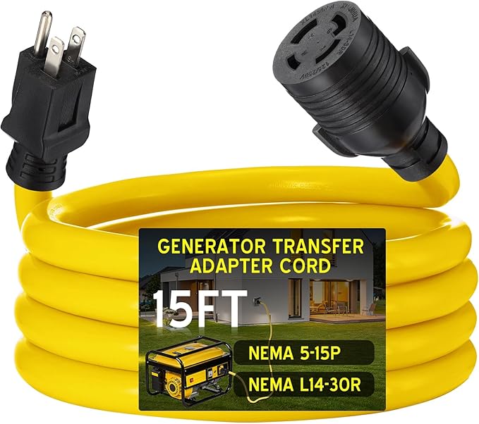 Tellegloww 15 FT 5-15P to L14-30R Adapter Cord Generator Transfer Switch Generator House Inlet Box Adapter 15Amp 3Prong 5-15 Male to 30Amp 4Prong L14-30 Locking Female 10 AWG ETL Listed
