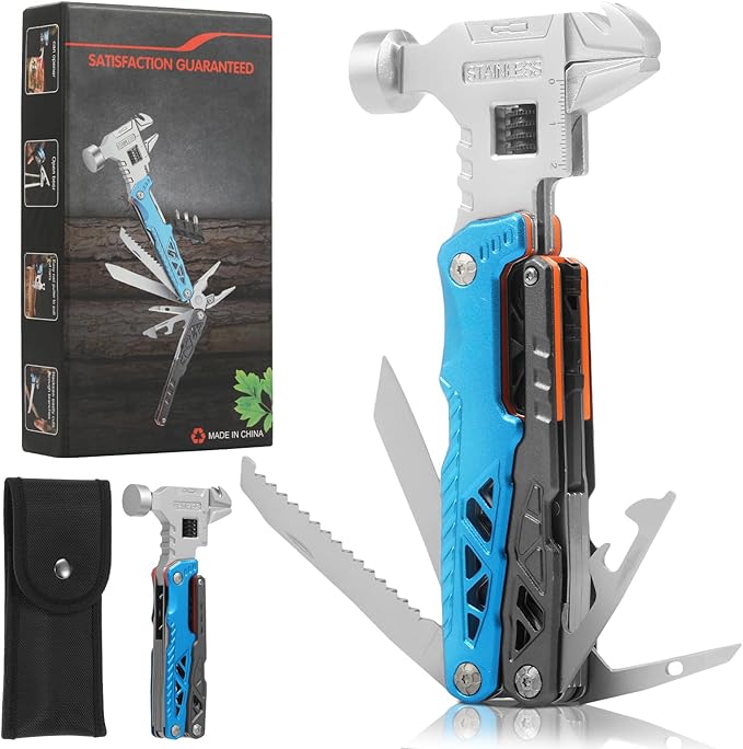 18-in-1 Multipurpose Tool Kit Survival Camping Gear &amp Fishing Gifts Multitool with Hammer Pliers Screwdriver and Pocket Knife for Dad Men(Blue)