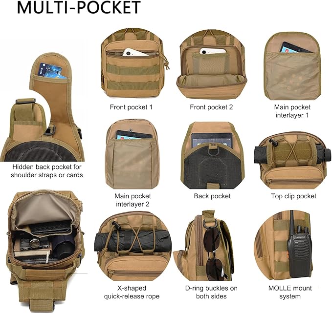 Tactical Crossbody Military Sling Bag Waterproof Oxford Shoulder Bag MOLLE Chest Bag Assault Back Pack One Strap Backpack for Outdoor Camp Hiking Cycling Running Coyote