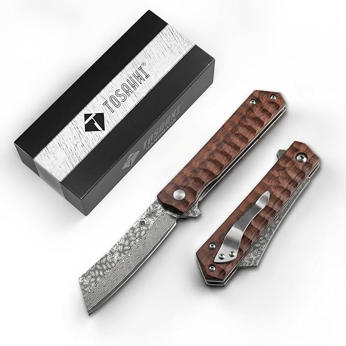 Pocket Knife Damascus Steel 3.54 Tanto Blade Folding Knife for Rosewood Handle with Clip for Men Women for EDC Camping Gift