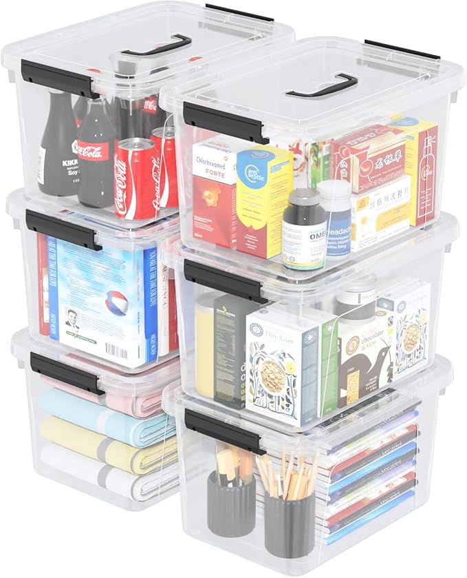 6 Packs 12 Quart Clear Latching Storage Boxes Plastic Storage Bin with Handle