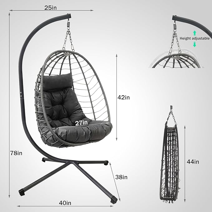Hanging Egg Chair with Stand Outdoor Indoor Rattan Wicker Swing Chair Foldable Patio Hammock with Cushion Dark Grey 350 LBS Capacity (Dark Grey)