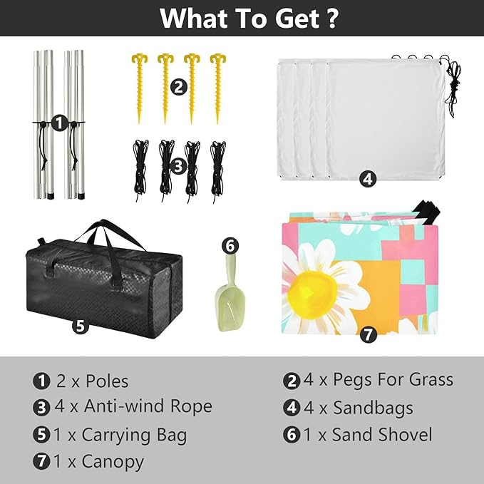 Beach Canopy with Windproof Ropes &amp Sandbags Beach Tent Sun Shade Sun Shelter for Camping Trips Fishing Backyard Fun or Picnics Daisy