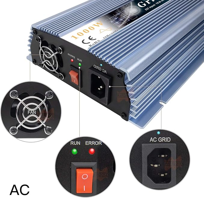 Marsrock 1000W MPPT Pure Sine Wave Grid-Tie Micro Inverter Converts 20-50V DC to 110V/120V AC Perfect for Home Solar or Wind Power Systems.