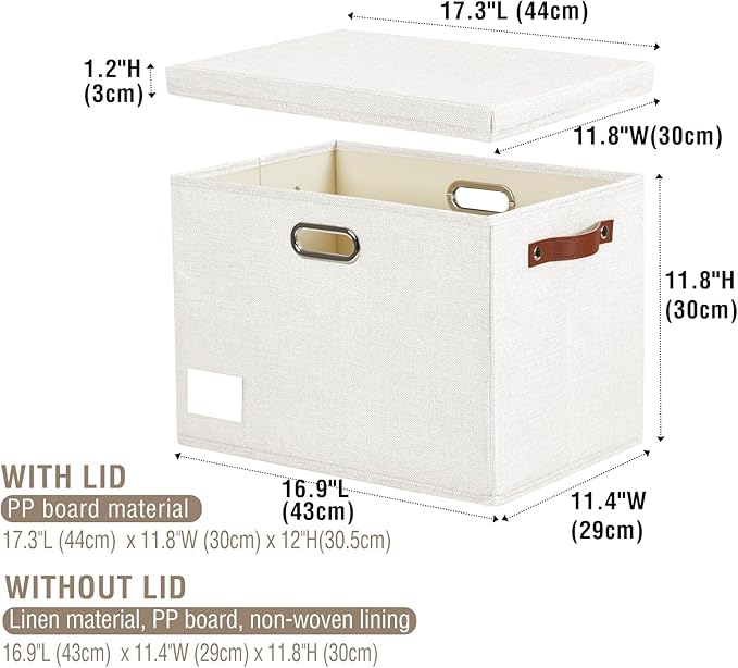 17 Large Collapsible Storage Bins with Lids Stackable Closet Organizers with PU Handle and Labels 3-Pack Decorative Fabric Storage Boxes for Home Bedroom Closet Office Nursery(White)