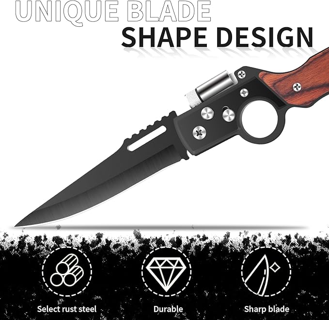 AK47 Style Tactical Folding Pocket Knife（Black） 6-Pack – Bulk Set with LED Light Wood Handle Laser Engraving Ready Best Man Gifts Outdoor Camping Hiking Gear for Groups (6)