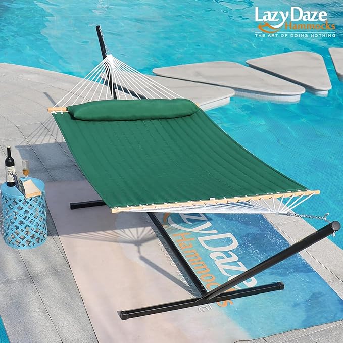 Lazy Daze Hammocks 12 FT Double Quilted Fabric Hammock with Spreader Bar and Detachable Pillow 2 Person Hammock for Outdoor Patio Backyard Poolside 450 LBS Weight Capacity Dark Green