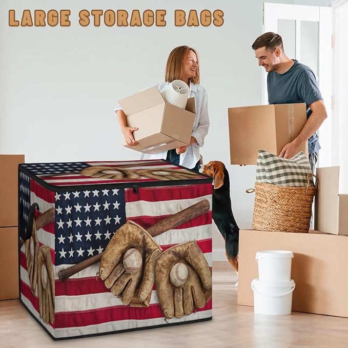 Large American Flag Storage Bags with Lid XL Blanket Clothes Storage Bins Foldable Organizers Storage Containers with Handle for Comforters Bed Sheets Pillows 4th of July Baseball