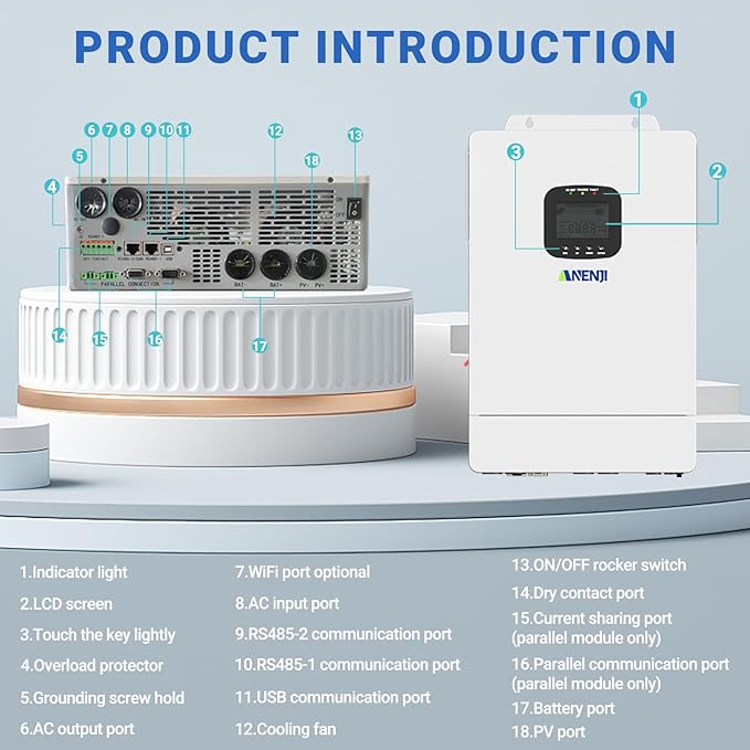 6500W Hybrid Solar Inverter 48V DC to 110V AC Pure Sine Wave Built-in 2 MPPT Controller Max. 150A Battery Charging Support Parallel 6 Units Dustproof for Home On/Off-Grid Systems
