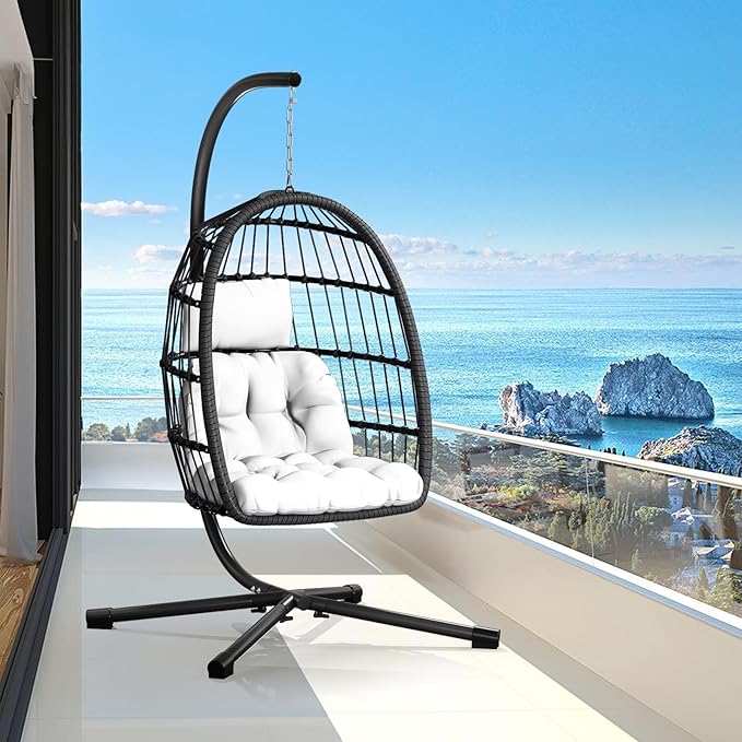 CHABATREE Egg Chair with StandPatio Rattan Wicker Hanging Swing Egg Chair Hammock Chair for Bedroom Porch GardenThickened Aluminum Alloy Steel Frame and UV Resistant Cushion350LBS Capacity
