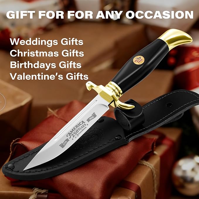 DISPATCH 250th Anniversary Commemorative Fixed Blade Knife 10.2'' Mirror Polished Stainless Steel Full Tang Blade with Dual Fullers Gold-Plated Guard &amp Pommel Resin Handle Composite Leather Sh