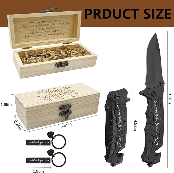 25 Years Wedding Anniversary Keepsake Him 25th Silver Anniversary Present for Husband 25 Years Marriage Men Gift Idea Engraved Pocket Knife with Wood Box Hunting Camping Fishing Folding Knives
