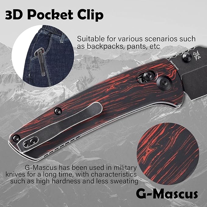 KANSEPT Main Street Pocket Folding Knife 3.36''Black 154CM Sharp BladeBlack and Red G-Mascus Handle with Axis Lock and Thumb Stud Perfect Clip for Camping Hiking Fishing Gift Everyday Carry T1015v5