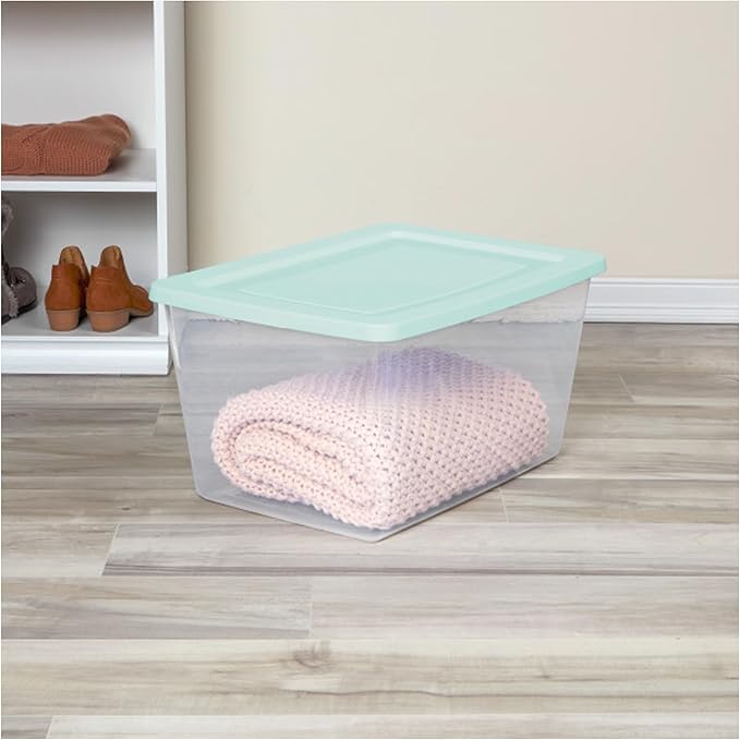 Sterilite 32 Pack Storage Boxes Clear Plastic Stackable Containers Lightweight Home Organizers with Snap Lids 58 Quart Mindful Mint