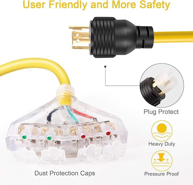 Rophor 30 Amp to 110 Adapter Generator Power Cord 4 Prong 30 Amp to 15 Amp Generator Adapter Nema L14-30P Male to 4X 5-20R Female with Dust Protection Caps 1.5 FT