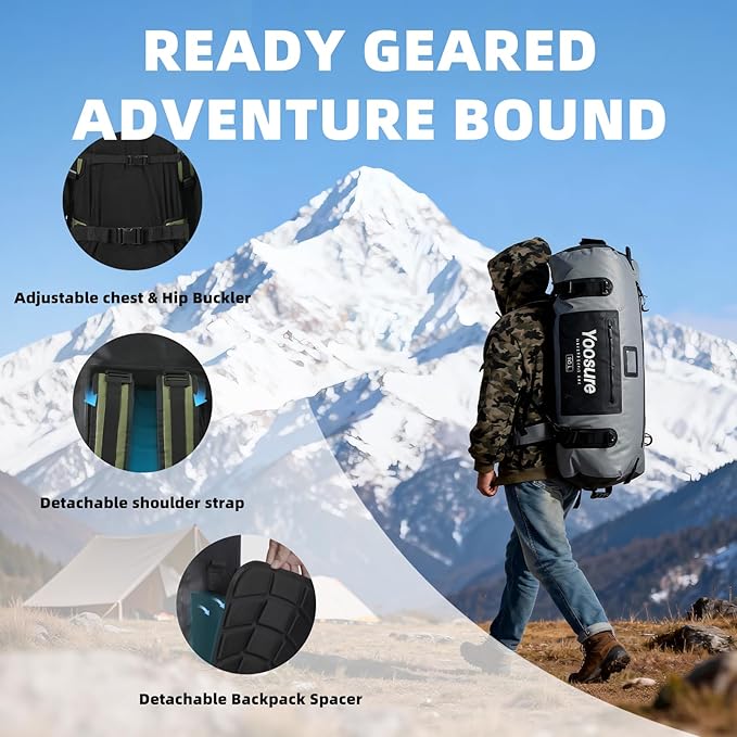 80L Waterproof Duffel Bag Motorcycle Dry Bag Backpack Waterproof Zippered Bags with Backpack Spacer Pad for Kayaking Rafting Boating Canoeing Camping Paddle Beach (Grey)