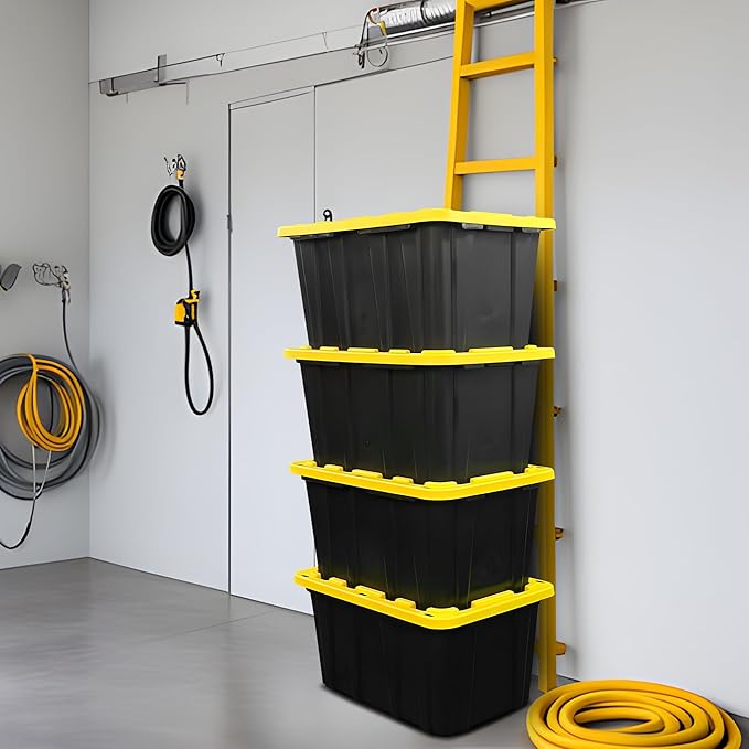 BLACK &amp YELLOW 27-Gallon Storage Bin with Snap-on Lid Heavy Duty Plastic Storage Bins with Lid Stackable 4 Pack